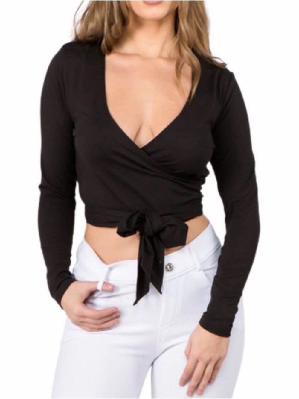 Long-Sleeve Black Wrap Tie Crop Top - M